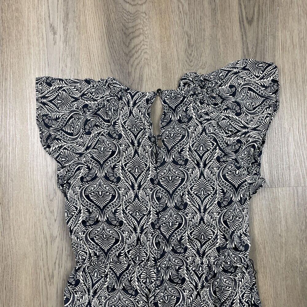 By Anthropologie Jumpsuit Womens 10 Black White Paisley Ruffle Neck Jogger Cuff - Picture 8 of 9